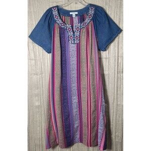 Go Softly Large Patio Dress V-Neck Embroidered Denim Puff Sleeve Serape Stripe